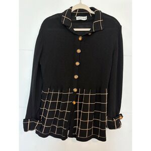 Vtg Carol Wang Black Knit Cardigan Geometric Plaid Grid XL Artsy Novelty Teacher